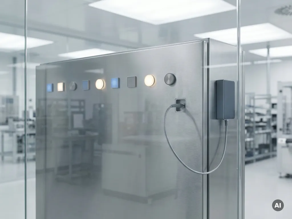 Industrielles Steuerungspanel mit leuchtenden Statusindikatoren hinter Glas, verbunden durch ein einzelnes Kabel, in Stahlgrau und Elektrikblau.