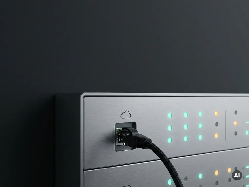 Industrielles Steuerungspanel mit leuchtenden Statusindikatoren in Türkis, Ethernet-Kabel verbindet mit Cloud-Symbol auf gebürstetem Metall.