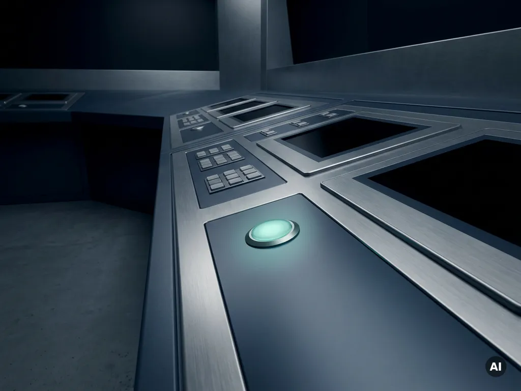 Industrielles Steuerungspanel aus gebürstetem Metall mit leuchtendem Teal-Statusindikator, fotografiert aus leichter Untersicht.