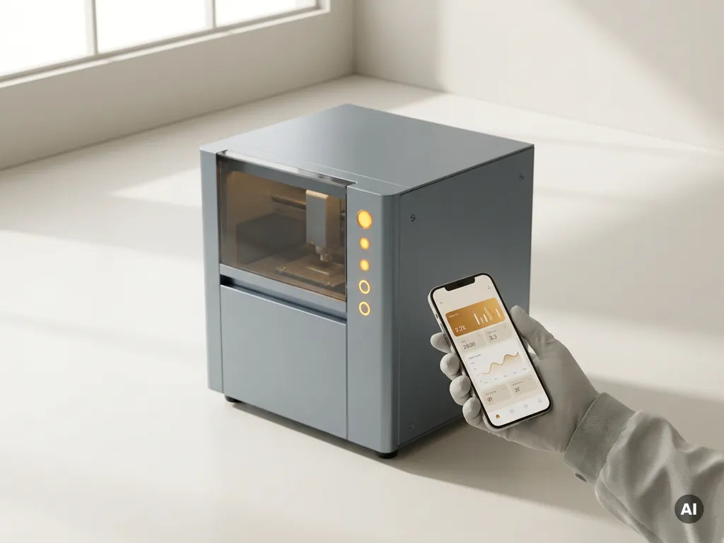 Techniker hält Smartphone mit Live-Betriebsdaten vor kompakter Industriemaschine mit leuchtenden Statusanzeigen.
