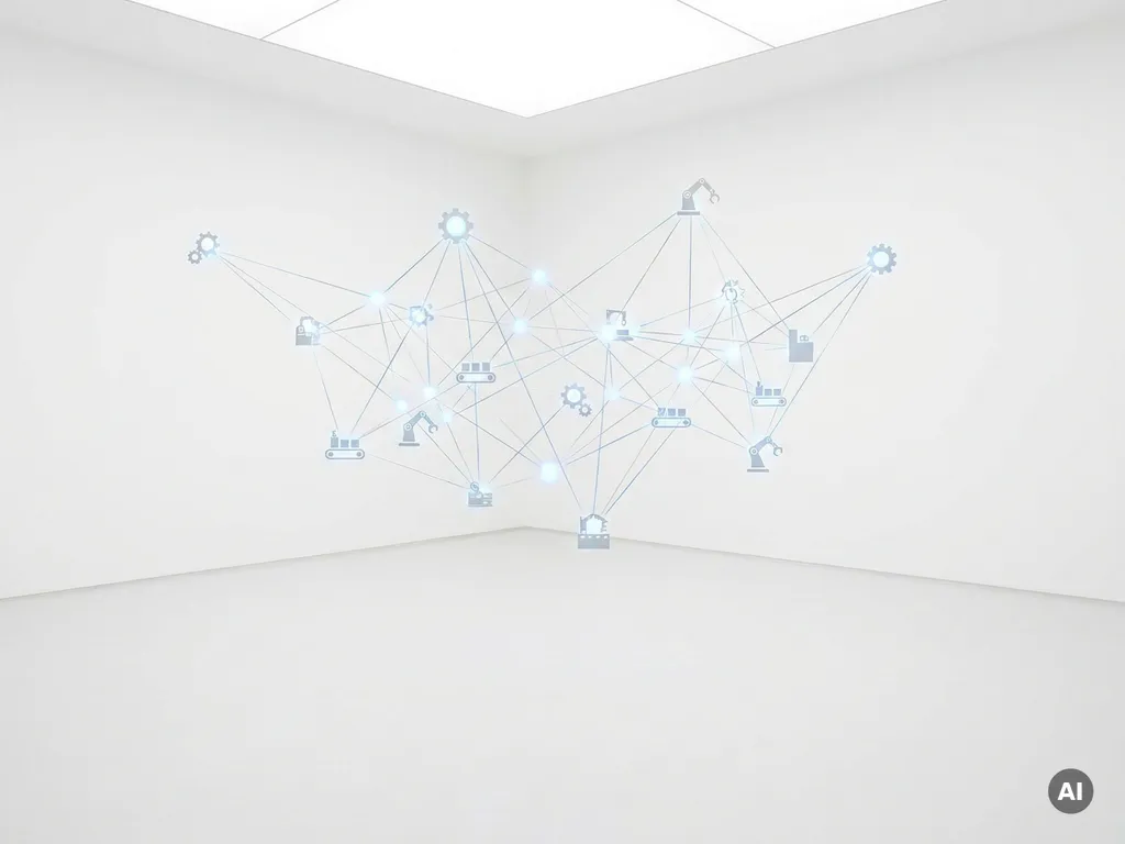 Geometrisches Netzwerk verbundener Industriemaschinen-Silhouetten in isometrischer Perspektive mit leuchtend blauen Knotenpunkten auf weißem Hintergrund.