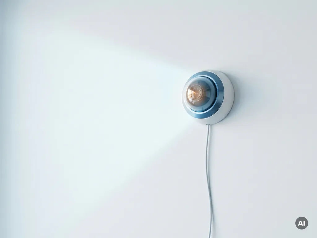 IP-Sicherheitskamera an weißer Industriewand mit Netzwerkkabel, minimalistisch in Stahl-Blau und Weiß.