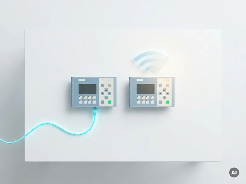 Zwei industrielle Steuerungspanels nebeneinander – eines per Ethernet-Kabel, eines kabellos verbunden, in minimalistischer Studioumgebung.