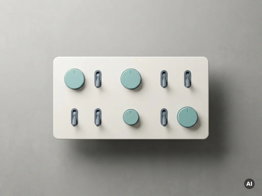 Minimalistisches Dashboard-Panel mit Kippschaltern und Reglern in Türkis und Warmweiß auf schlichter Industrieoberfläche.