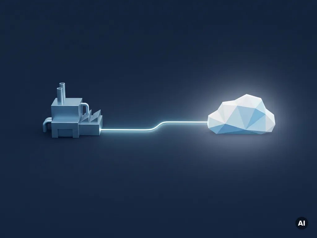 Leuchtender Datenstrom verbindet eine Miniatur-Industrieanlage mit einer geometrischen Cloud auf dunkelblauem Hintergrund.