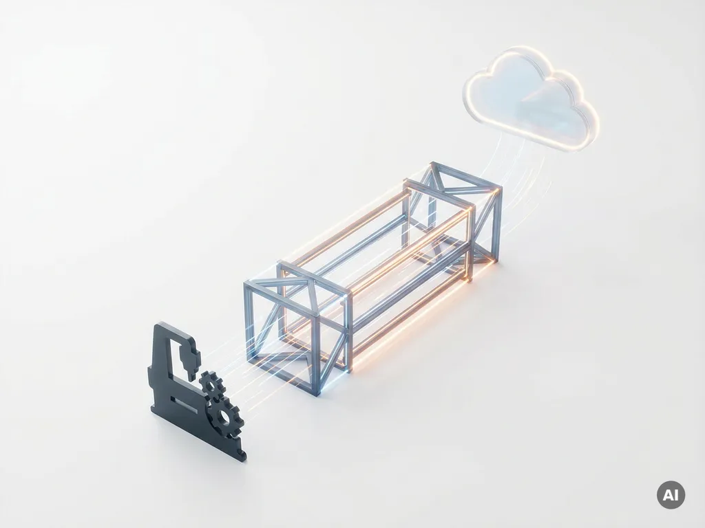 Leuchtender geometrischer Datentunnel verbindet Industriemaschine mit Cloud-Symbol, minimalistische Darstellung in Stahlblau und Bernstein.