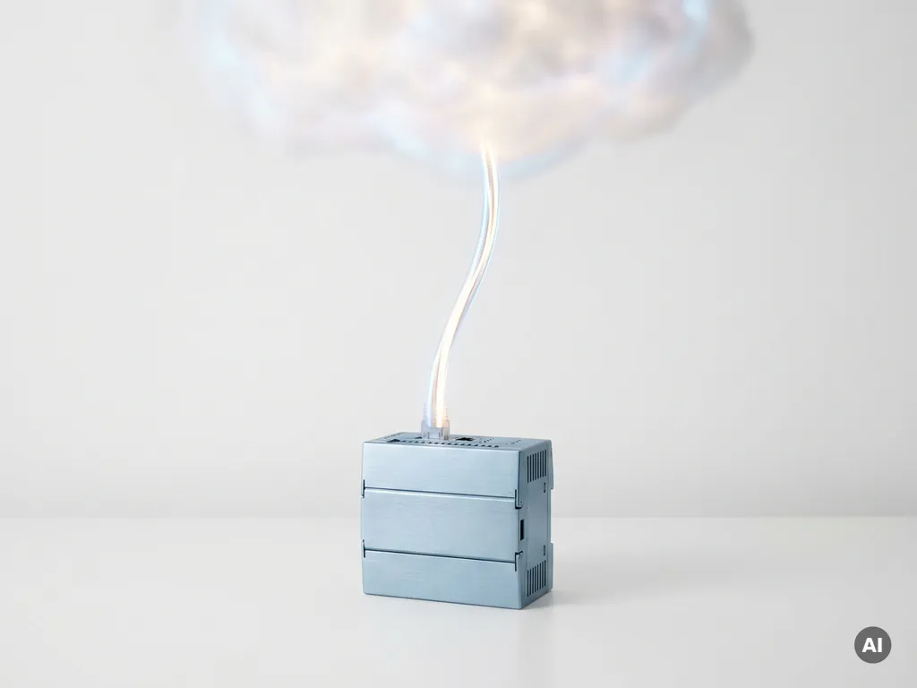 Kompakte Industrie-SPS auf weißer Fläche, verbunden mit leuchtendem Kabel, das in wolkenartiges Licht übergeht – Cloud-PLC-Konzept.