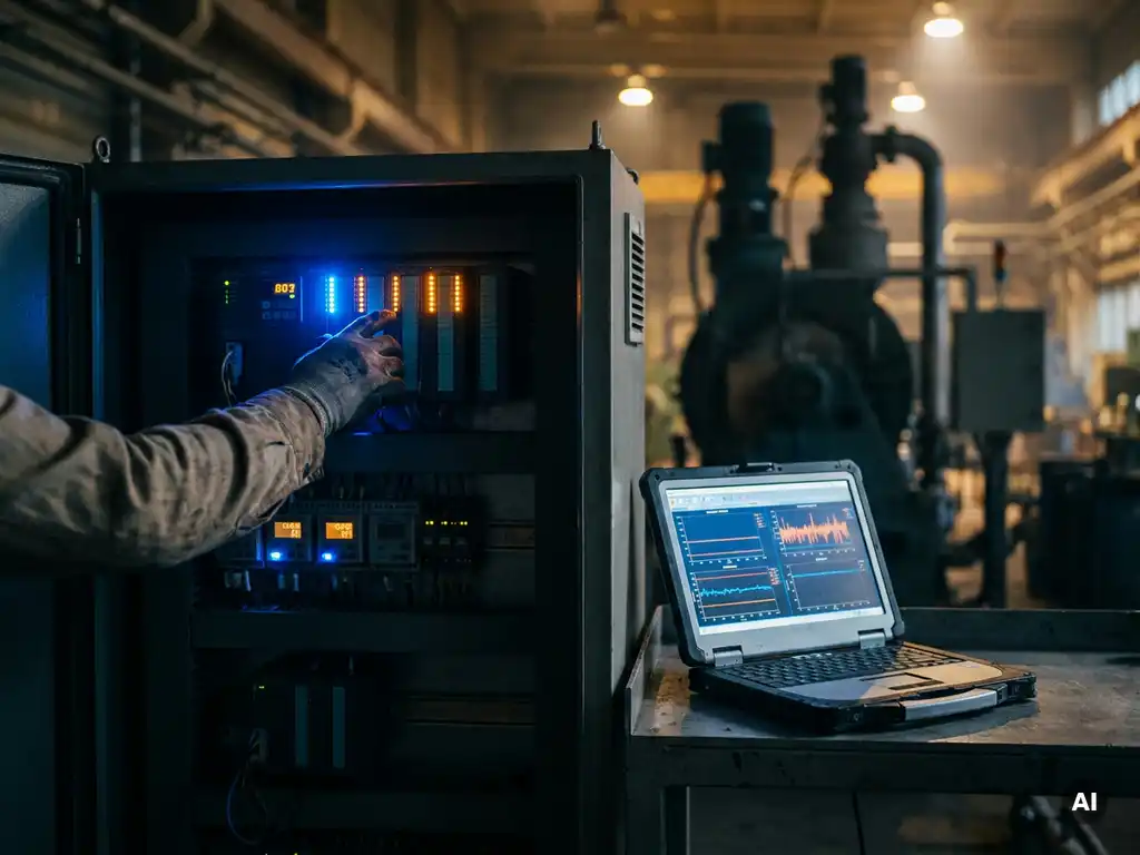 Techniker greift nach leuchtendem SPS-Steuerpanel im Stahlschrank, daneben Laptop mit Prozessdaten, industrielle Fabrikhalle im Hintergrund.