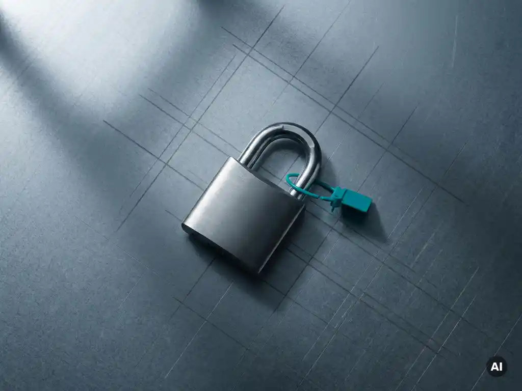 Schweres Stahlvorhängeschloss auf gebürstetem Metall mit geometrischen Schatten und Rasterlinien in Schiefer, Marineblau und Türkis.