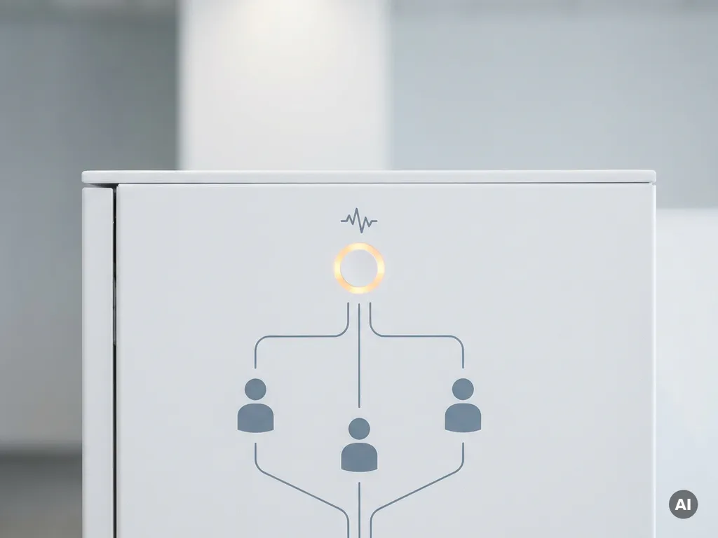 Bernsteinfarbenes Warnsignal auf weißem Bedienfeld mit vernetzten Menschensymbolen in minimalistischer Komposition.