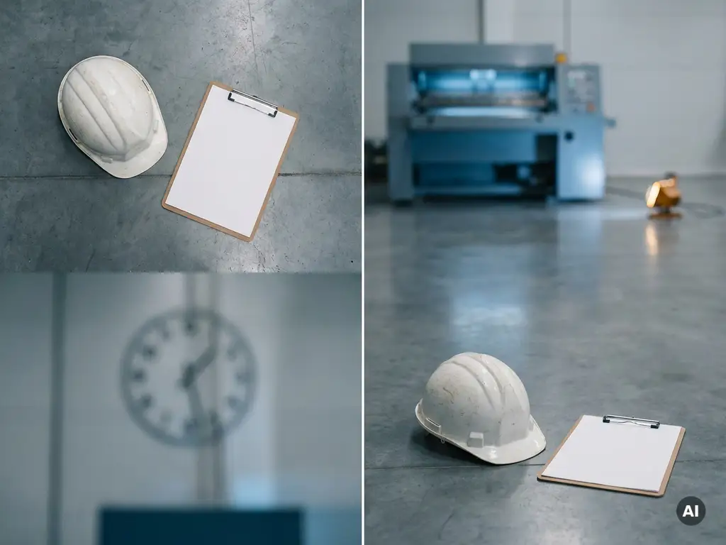 Schutzhelm und Klemmbrett eines Technikers auf Industrieboden, unscharfe Maschine im Hintergrund, kühle Stahltöne mit Bernsteinakzent.