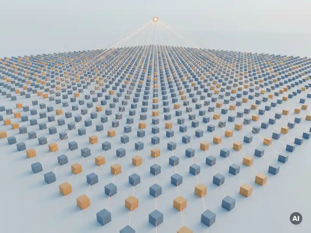 Industrieanlagen als geometrische Würfel im Raster, durch leuchtende Linien mit einem zentralen Punkt verbunden, 3D-Draufsicht in Blau und Amber.