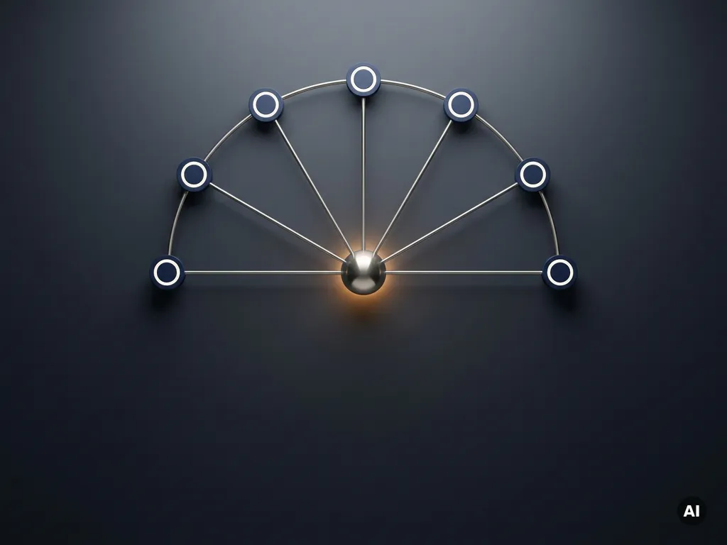 Leuchtendes zentrales Netzwerk-Hub verbindet mehrere Knoten in geometrischer Anordnung, Draufsicht in Marineblau und Silber mit warmem Akzentlicht.